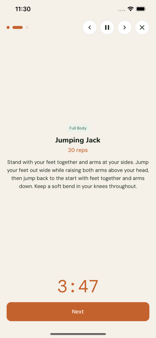A Wait Training session: a Full Body exercise with a countdown timer